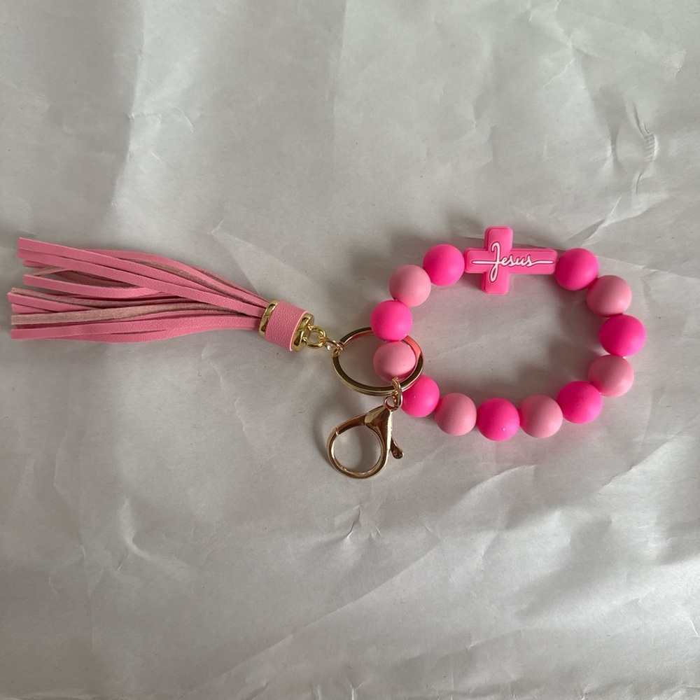 Pink Jesus  Beaded Bracelet/keychain  with Tassel